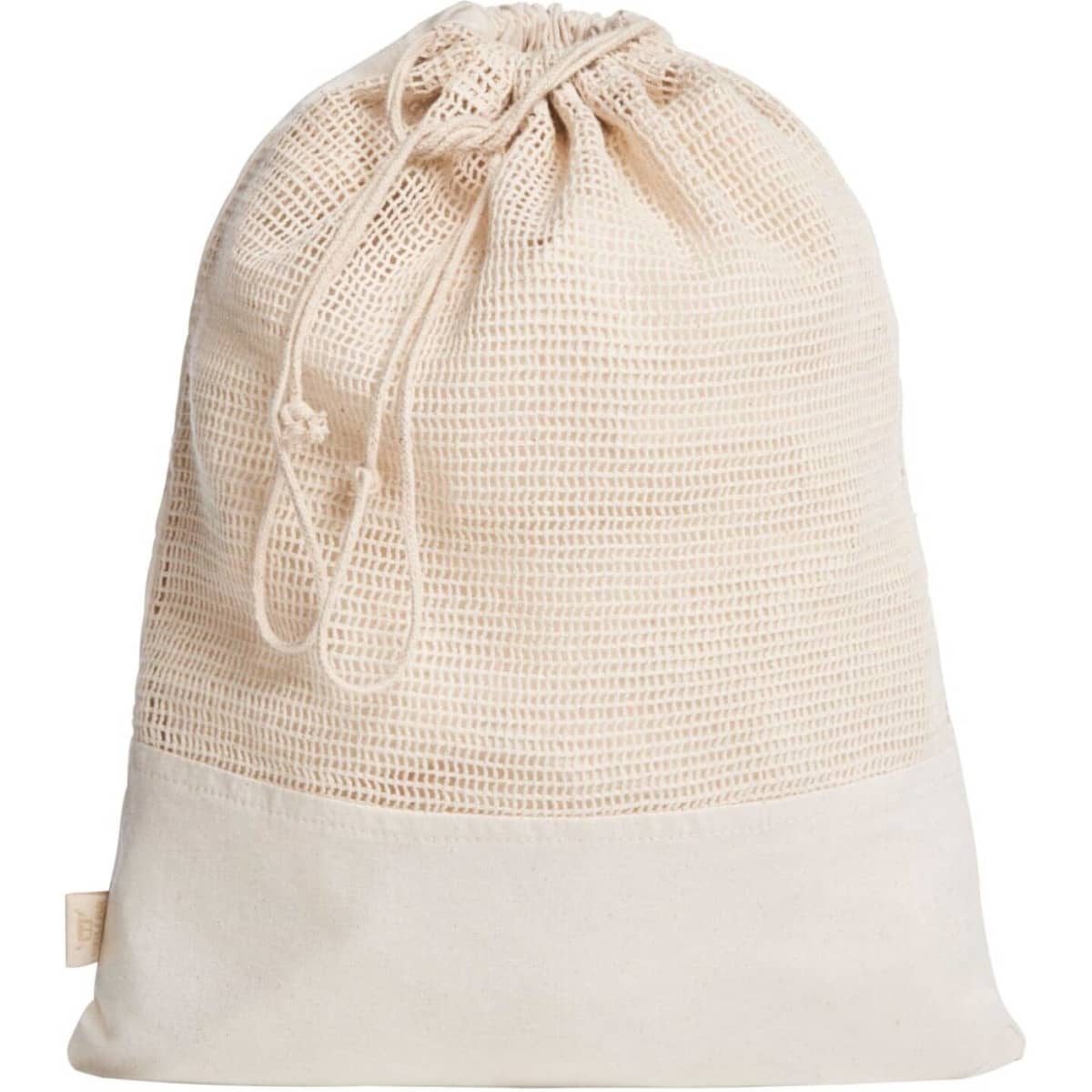 A cream-coloured reusable produce bag with a drawstring closure and a plain base. It has a logo on the side.
