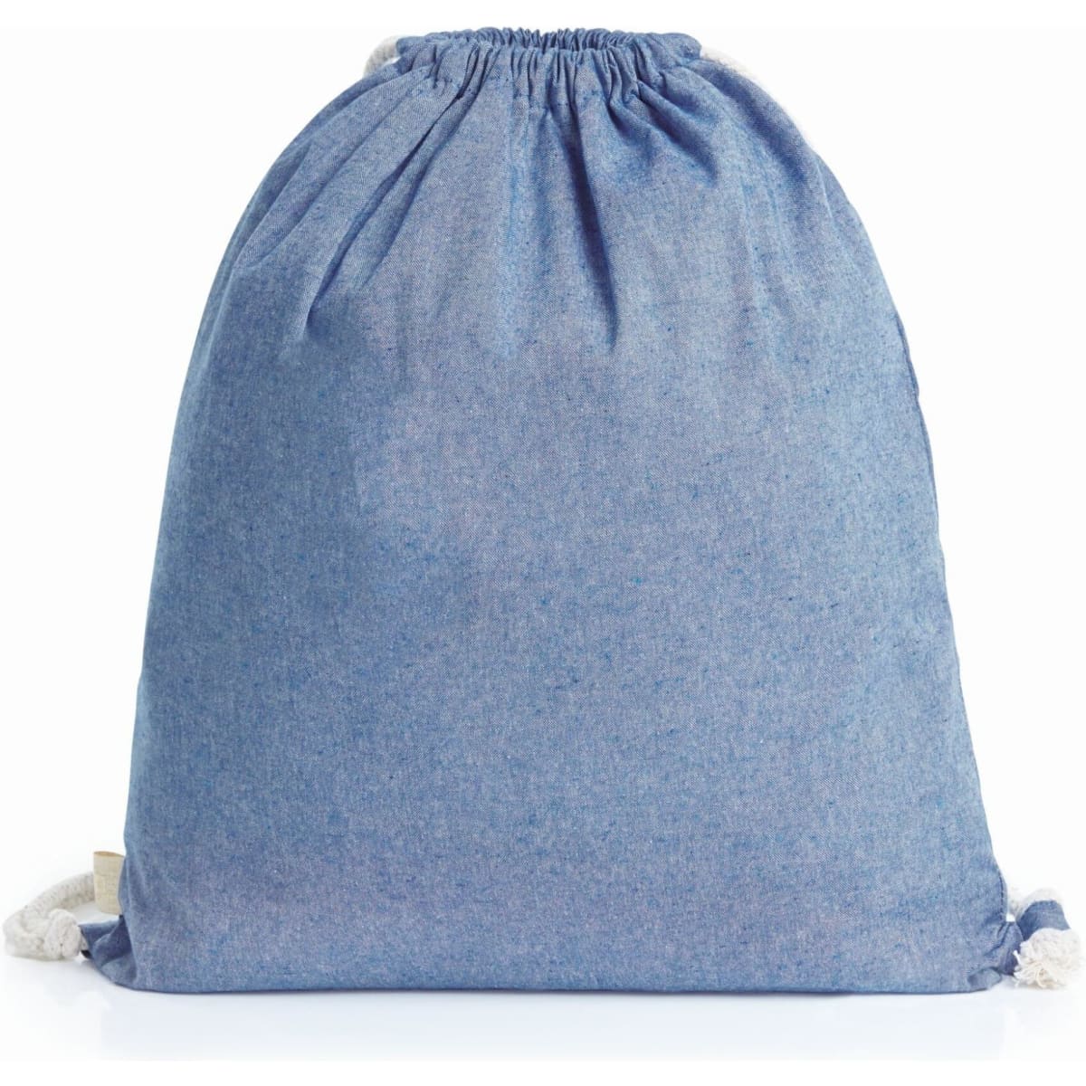 A blue drawstring bag with a textured fabric and white drawstrings, featuring a logo.