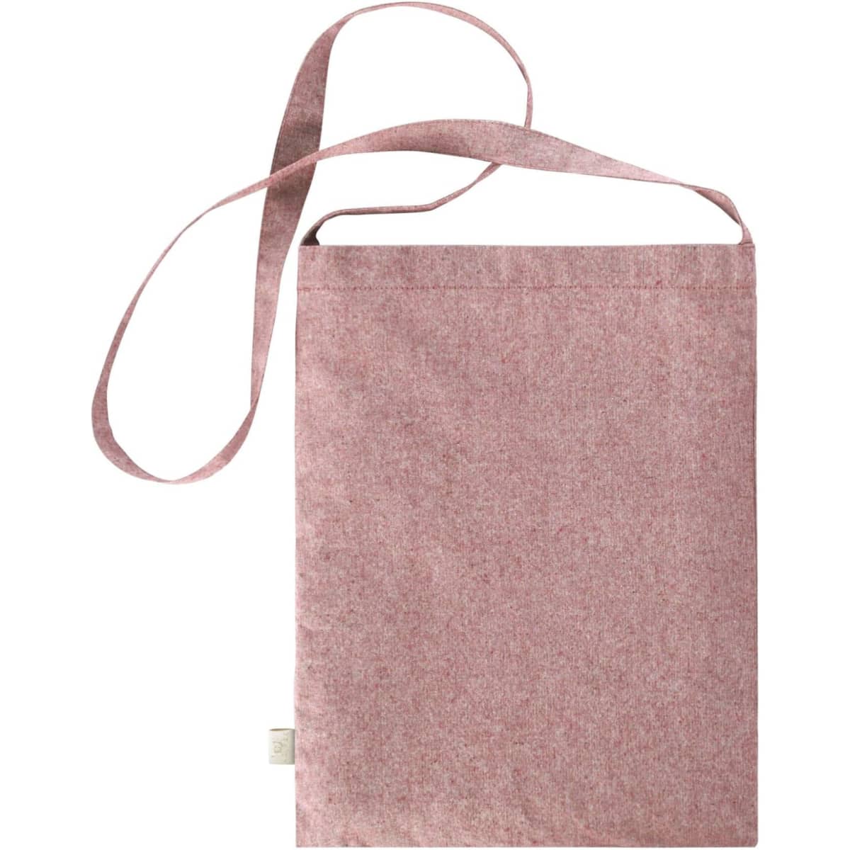 A pink tote bag with a long strap and a simple design, featuring a logo on the side.