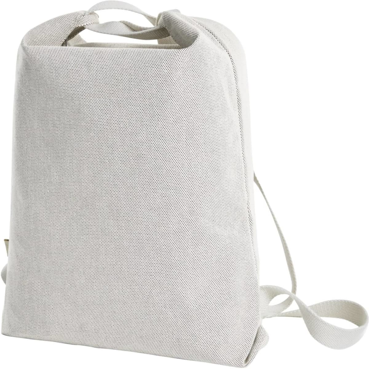 A light grey bag with a simple design, featuring adjustable straps and a top handle. It has a logo on the side.
