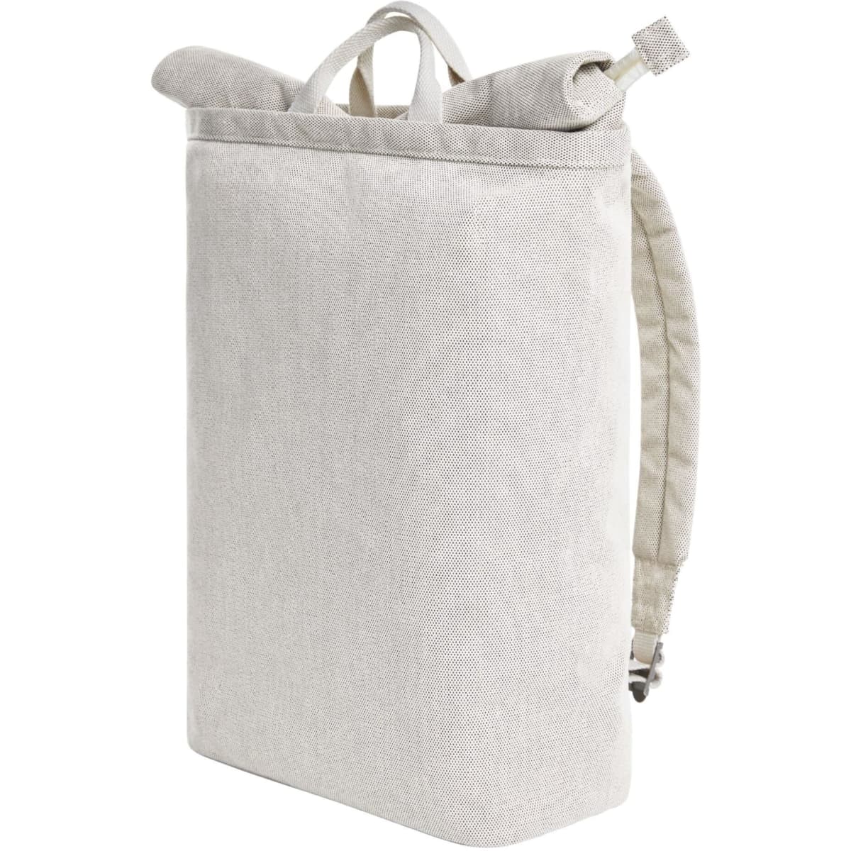 A light grey backpack with a minimalist design, featuring adjustable straps and a top handle. It has a logo.