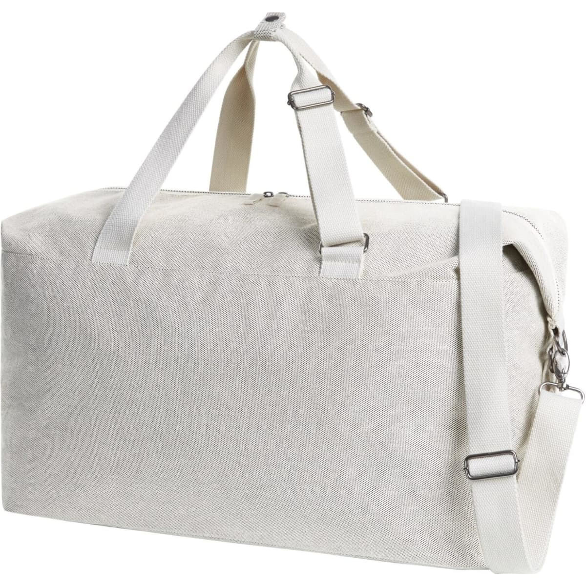 A grey duffle bag with a shoulder strap and handles, featuring a logo on the side.