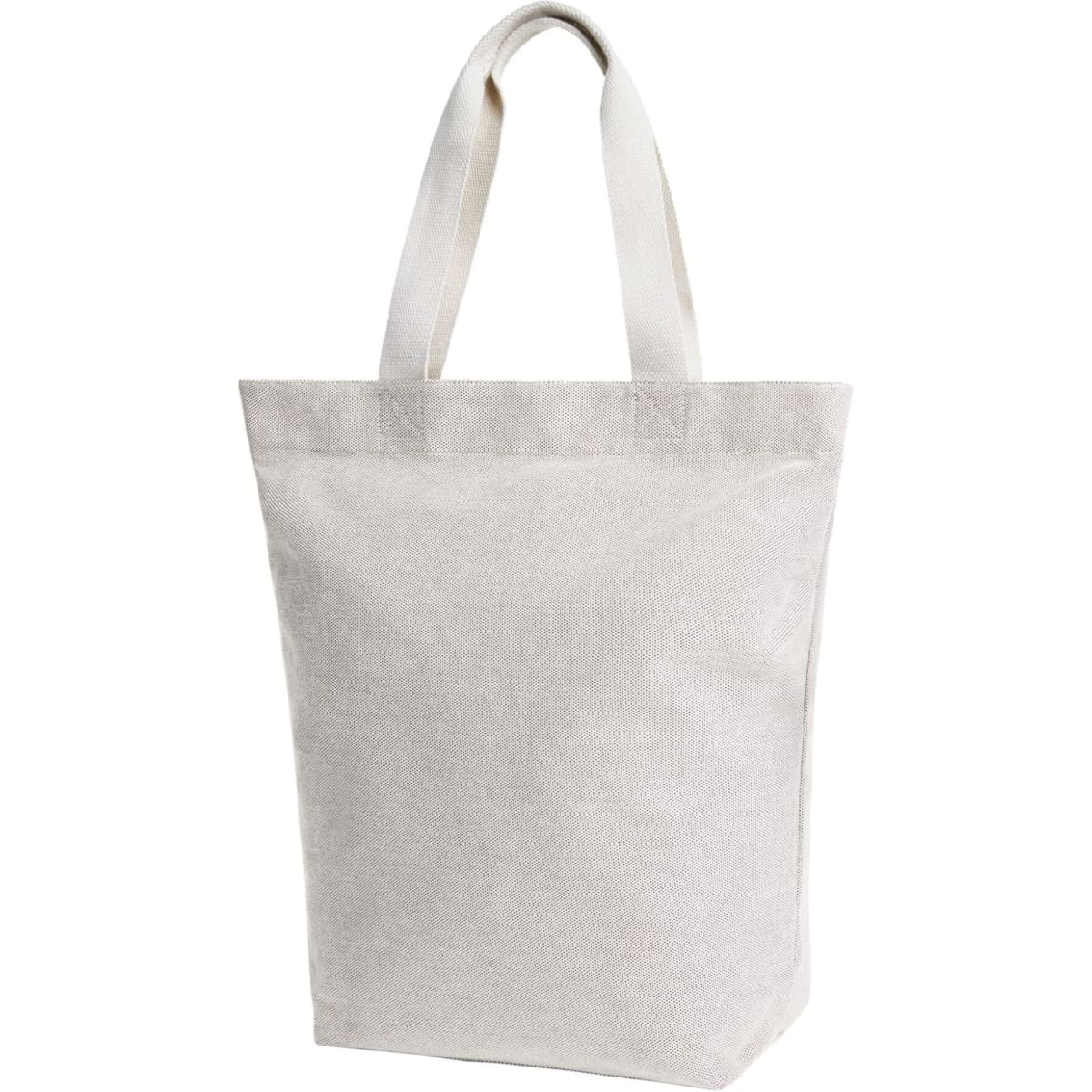 A cream-coloured tote bag with two handles and a simple design. It features a logo on the side.
