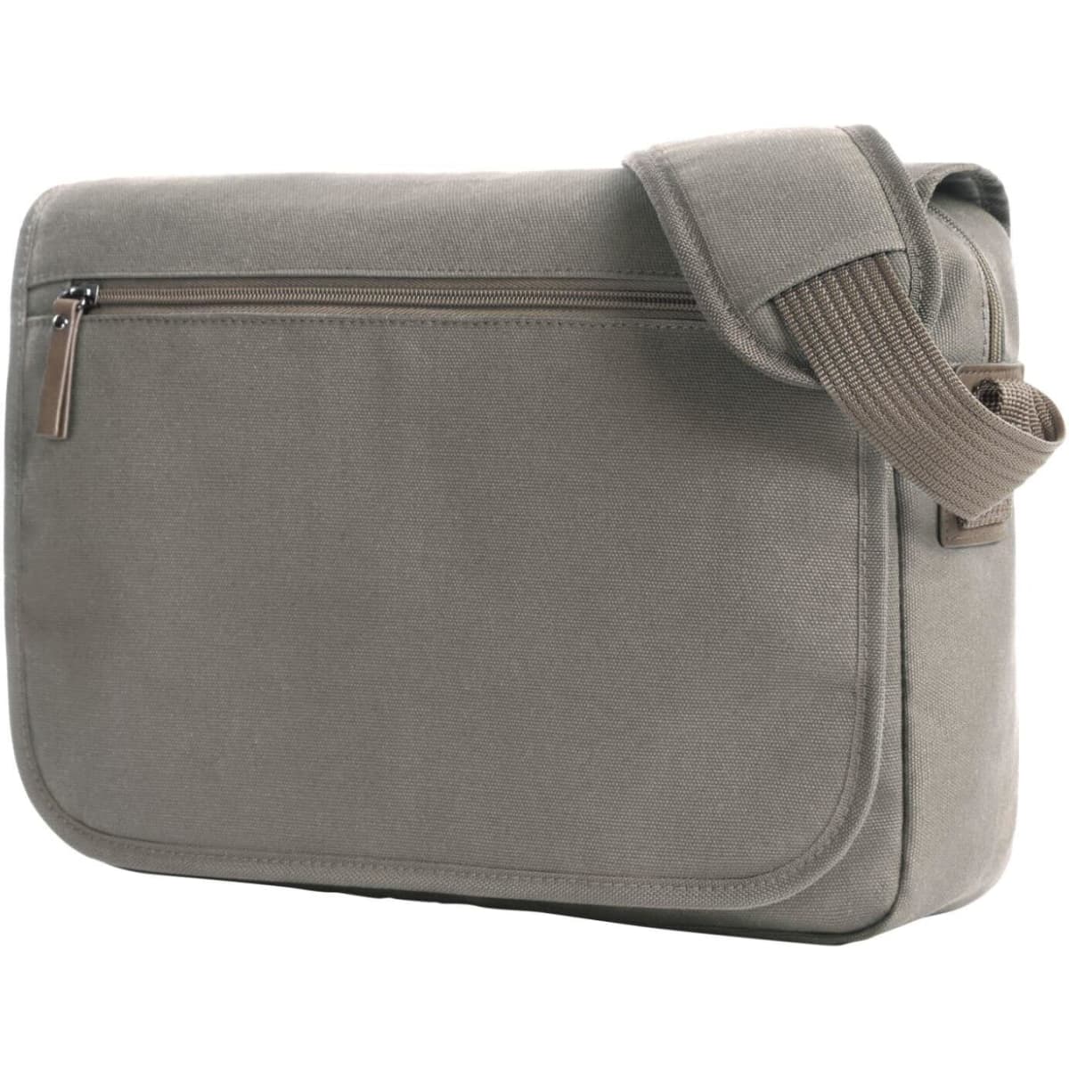A grey shoulder bag with a flap and a shoulder strap. It features a front zip pocket and a simple design.