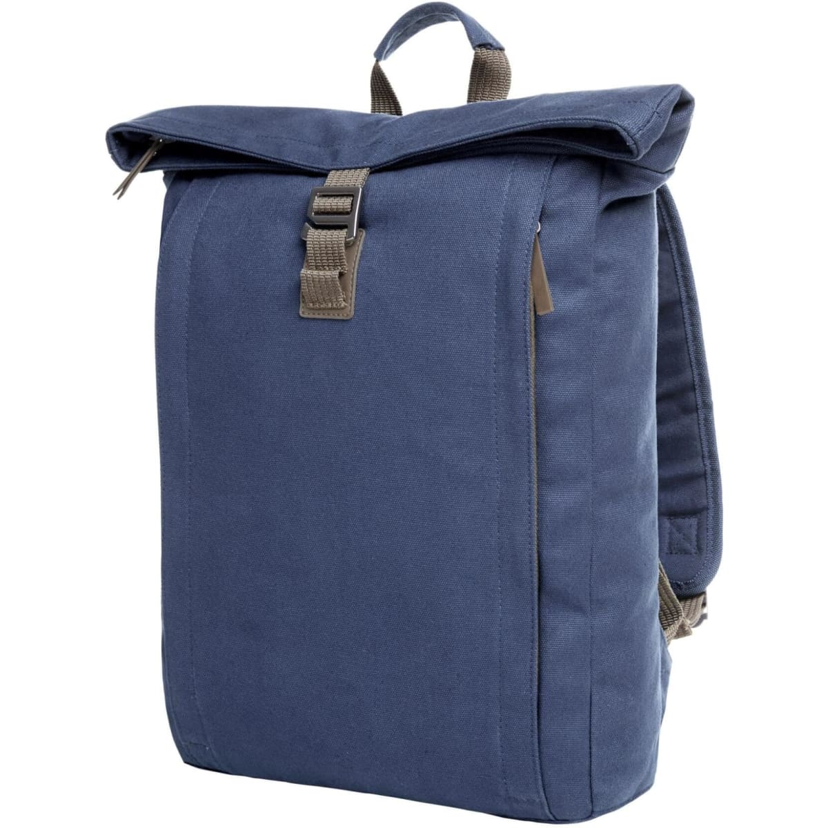 A navy blue backpack with a roll-top closure and a front buckle, featuring shoulder straps and a side zipper.