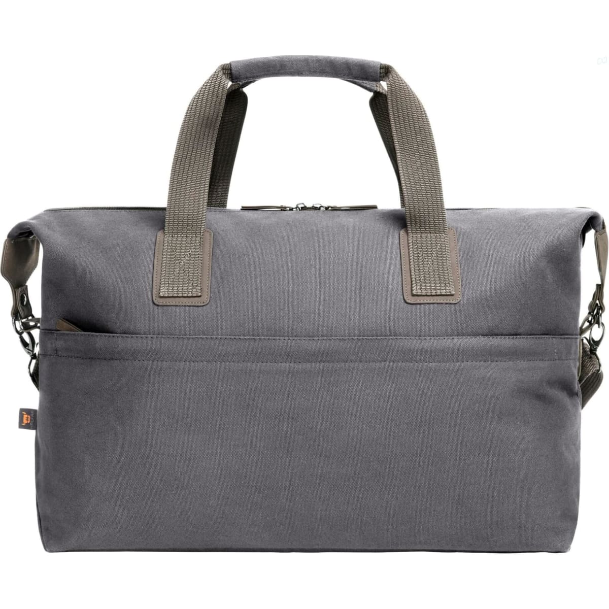 A grey duffle bag with sturdy handles and a shoulder strap, featuring a front pocket and a logo.