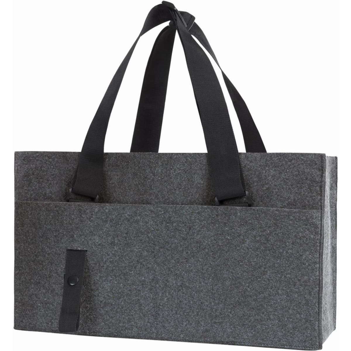 A grey felt organiser bag with black straps and a front pocket. It has a simple design and features a logo.