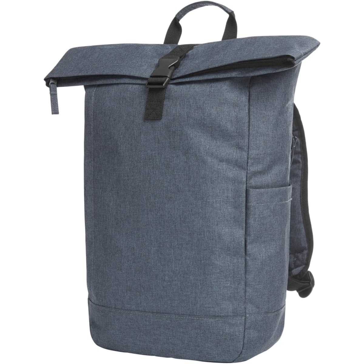 A blue Circle Backpack featuring a roll-top closure, a side pocket, and adjustable straps. It has a branding logo.