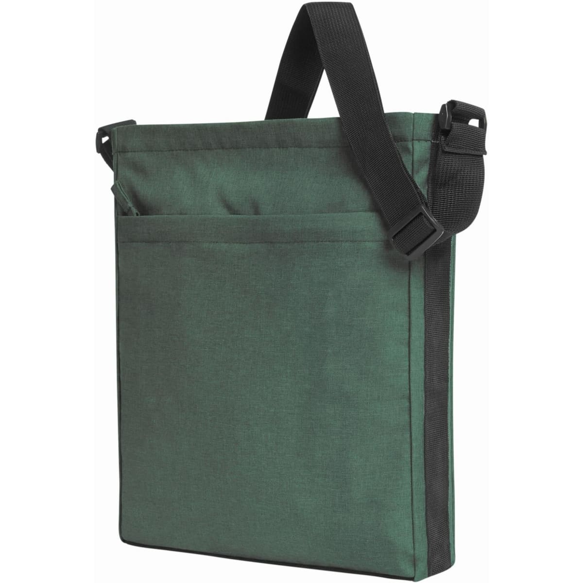 A green shoulder bag with a shoulder strap and a front pocket, featuring a simple design and a logo.