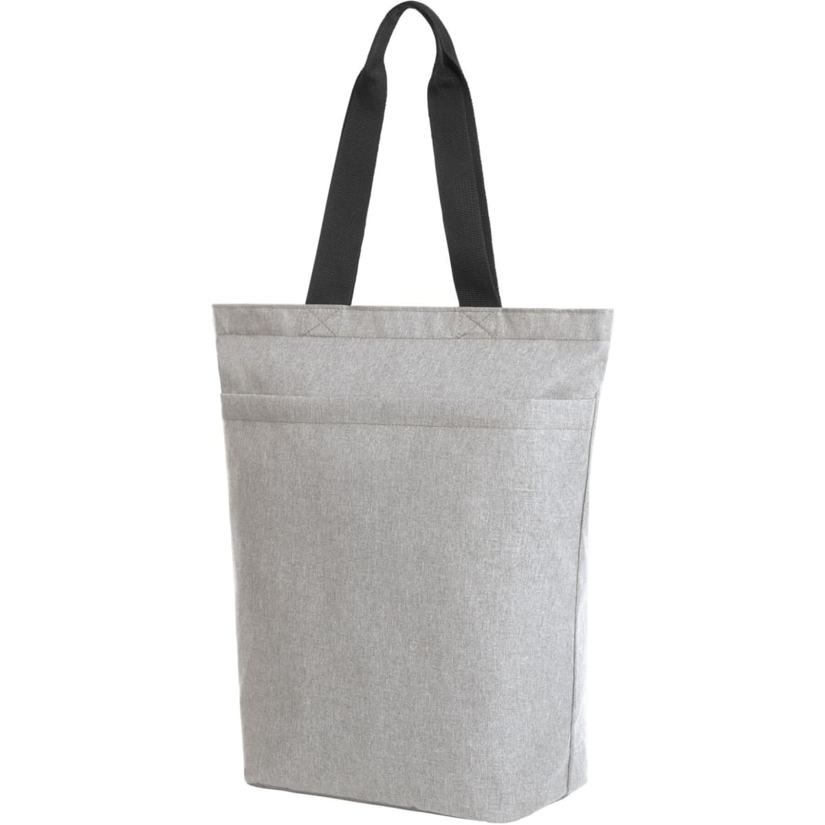 A grey tote bag with black handles, featuring two exterior pockets and a simple design.