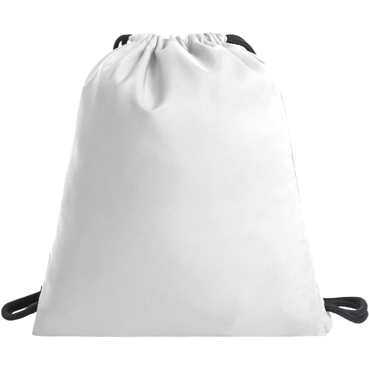 A white drawstring bag with black cords and a simple design, featuring a logo.