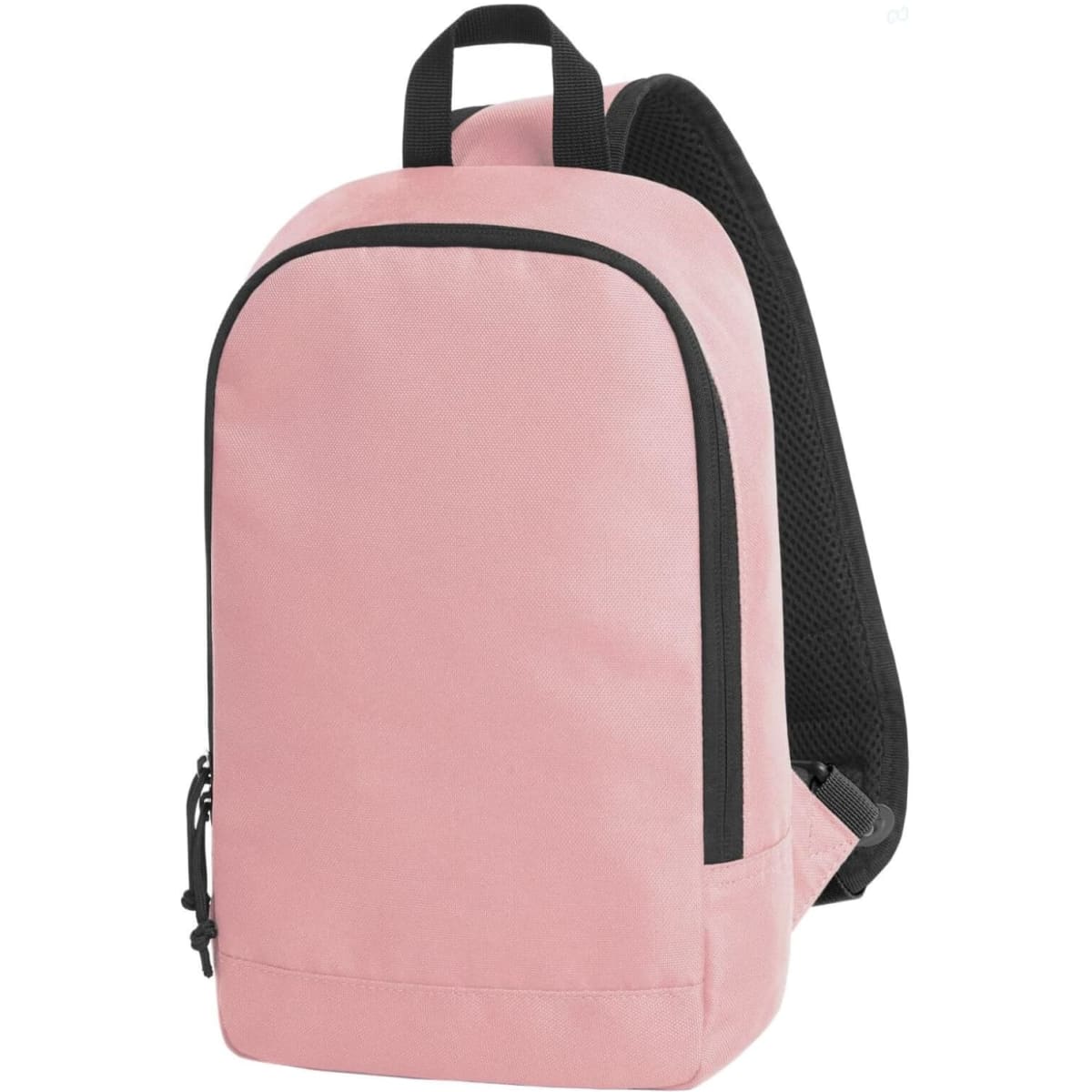 A pink backpack with a black mesh back and a zippered front pocket, featuring a logo.