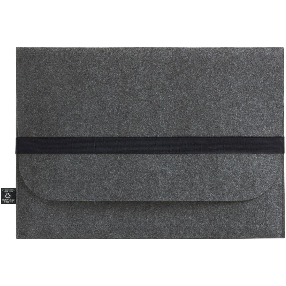 A grey laptop sleeve with a black strap and a subtle logo, designed for modern and classic styles.