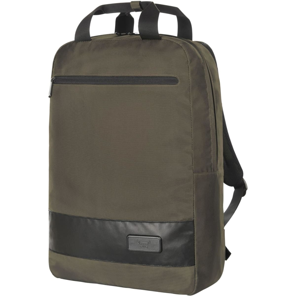 A green and black backpack with a sleek design, featuring a front zipper pocket and adjustable straps.
