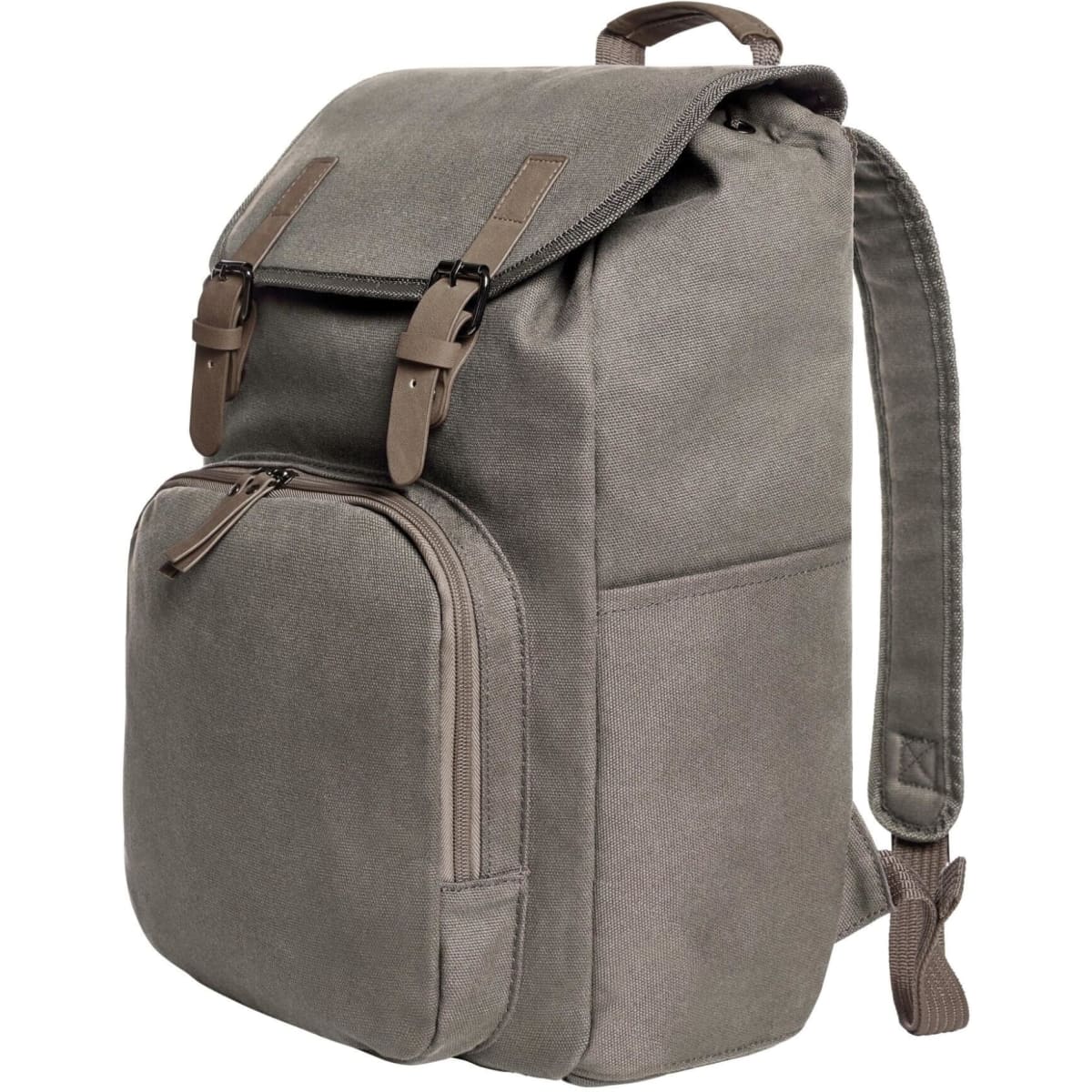 A grey backpack with a flap closure, two front straps, and a zippered pocket on the front. It has adjustable straps and a logo.