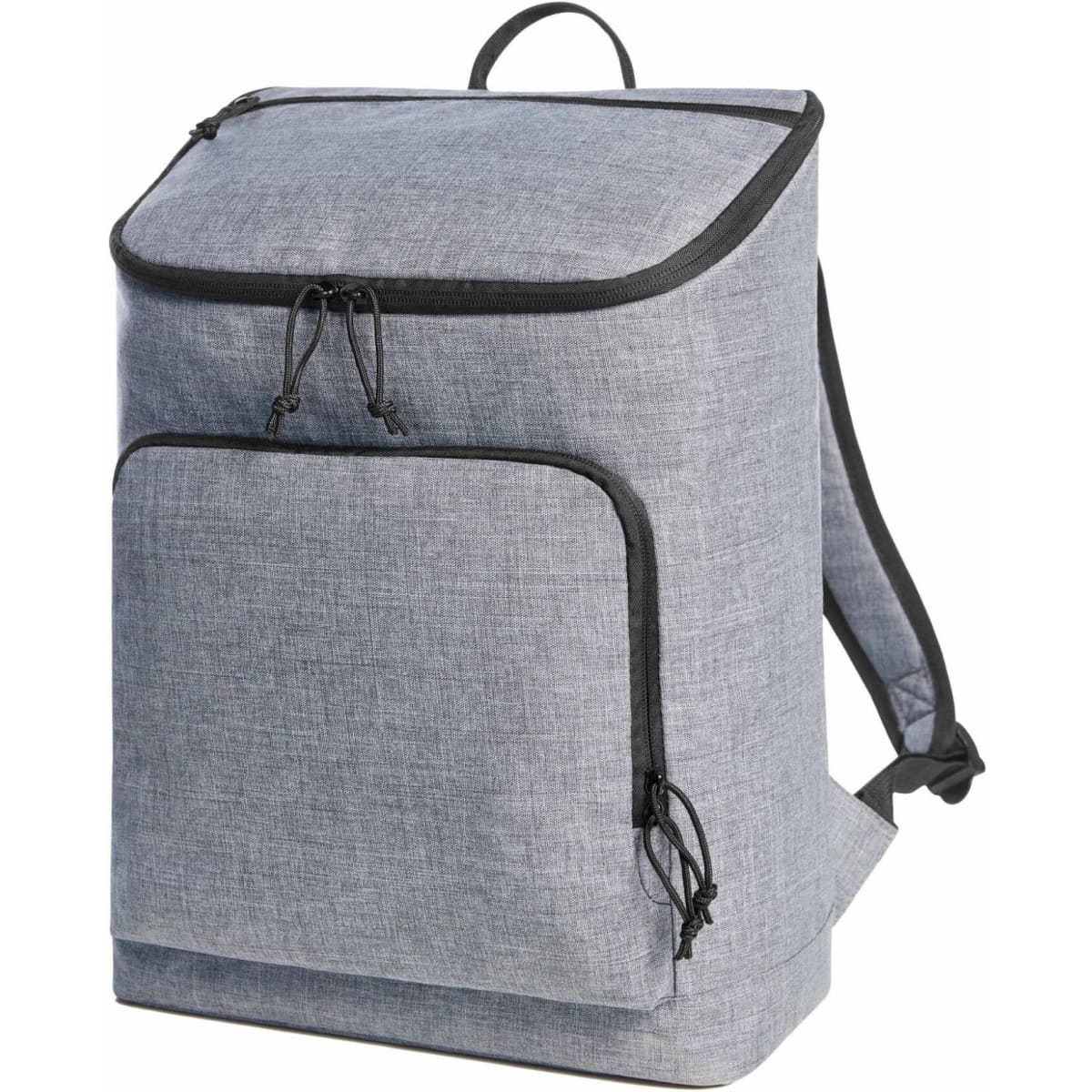 A grey cooler backpack with a top flap, featuring a front pocket and black trim. It includes adjustable shoulder straps.