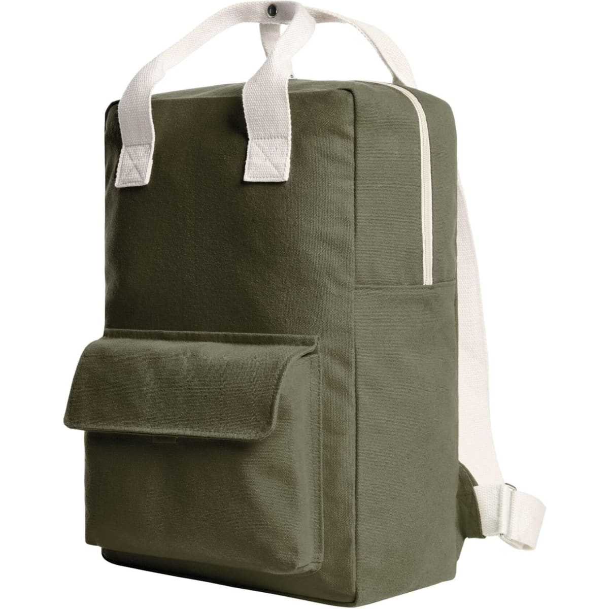 A green backpack with white straps and a front pocket, featuring a simple design and a branding logo.