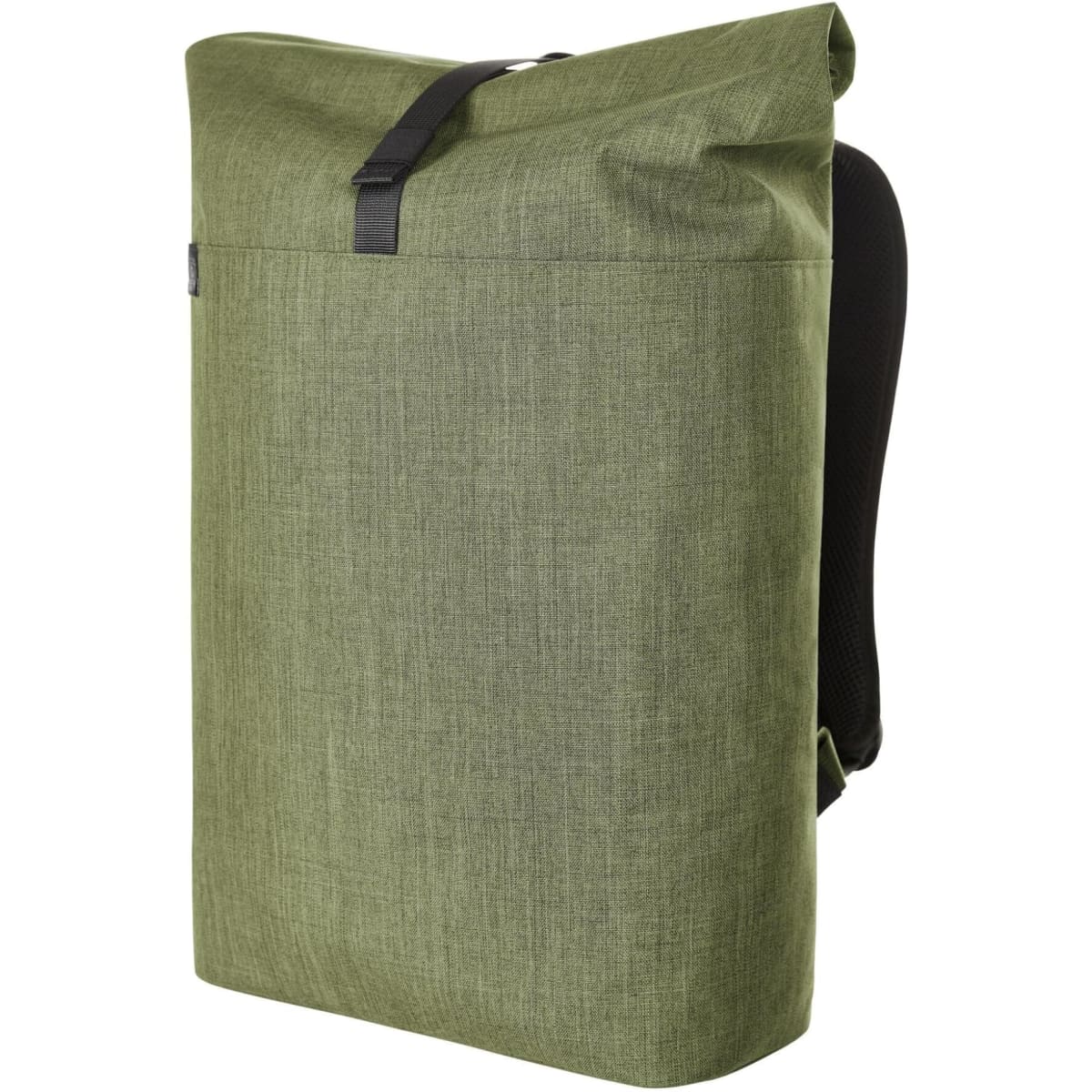 A green laptop backpack with a minimalist design and a sturdy strap. It features a discrete logo on the front.