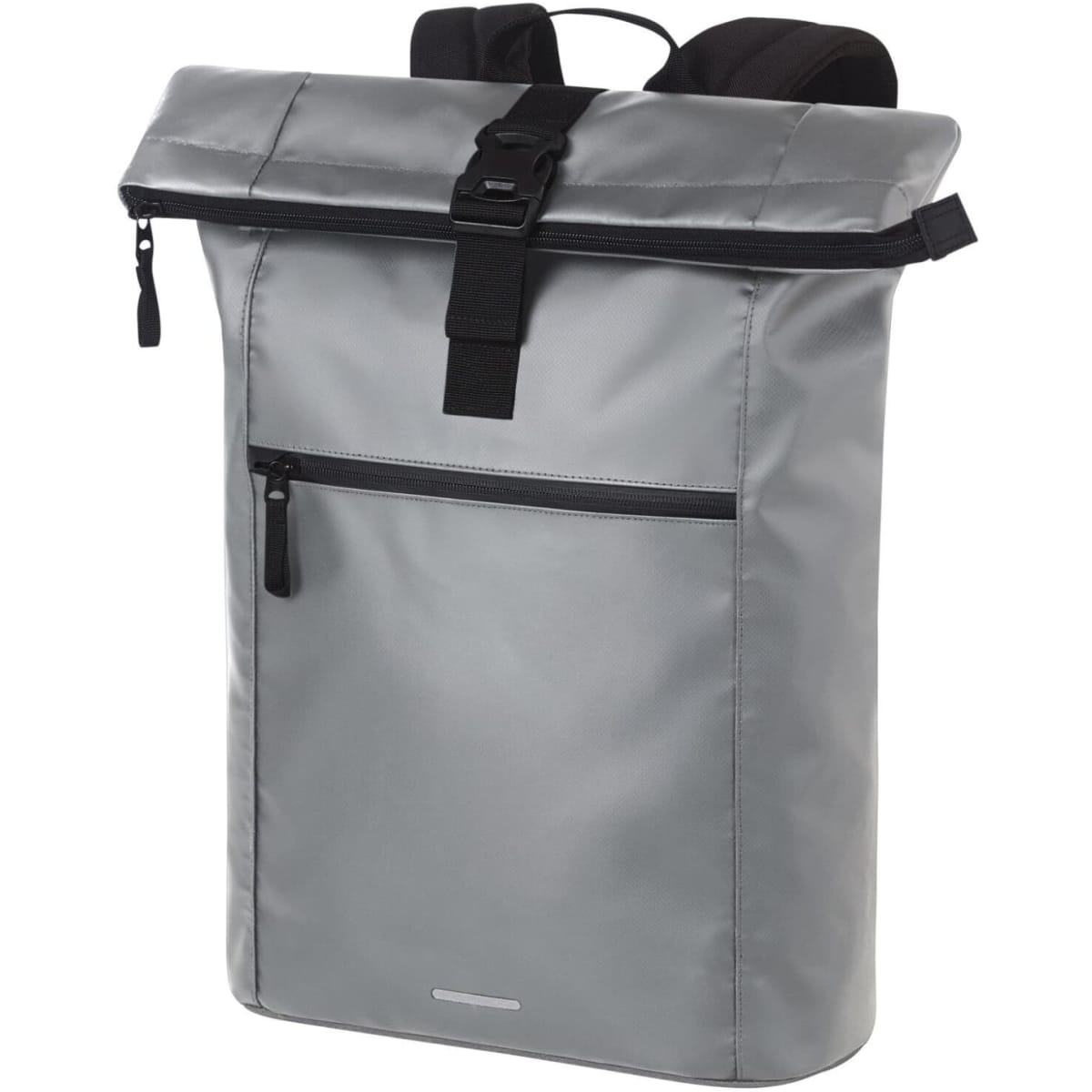 A grey Kurier Notebook Backpack with adjustable straps and a front zip pocket, featuring a minimalist design.