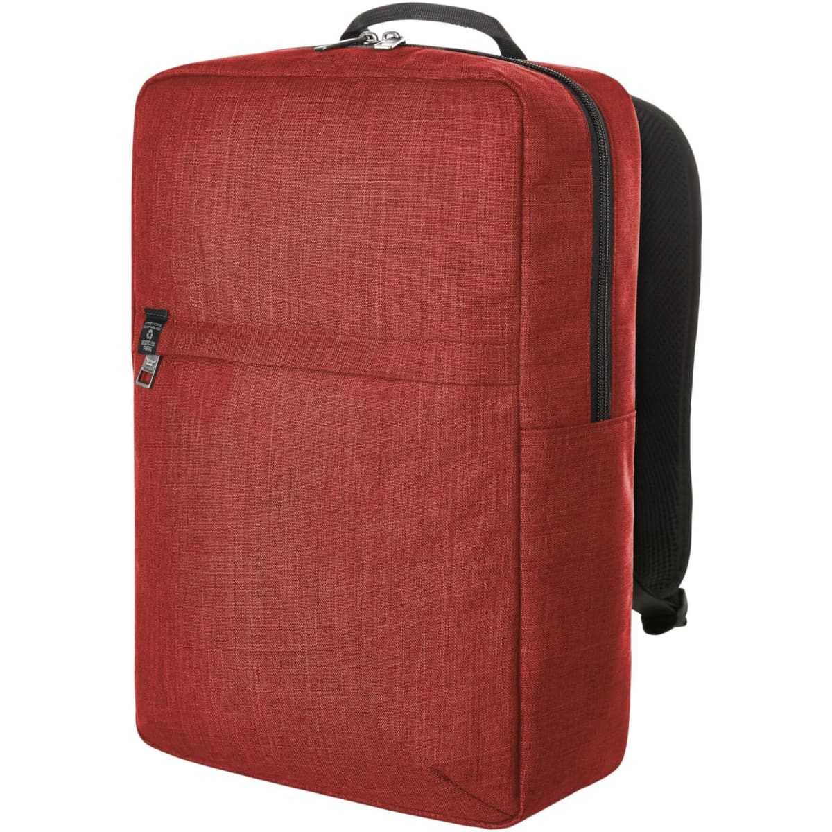 A red laptop backpack with a sleek design, featuring a zippered compartment and a back panel for comfort.