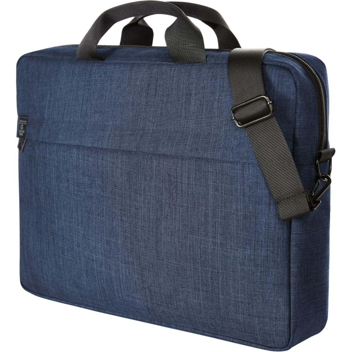 A navy blue laptop bag with a handle and an adjustable strap, featuring a logo on the front.