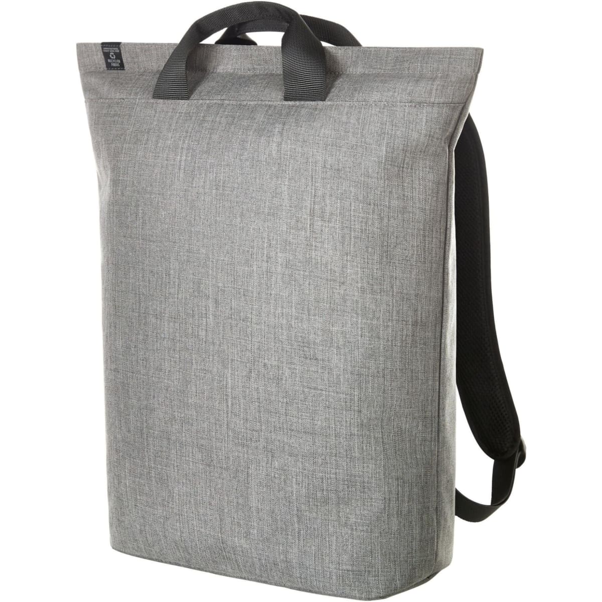 A grey laptop backpack with a minimalist design, featuring handles and adjustable shoulder straps. It has a logo.