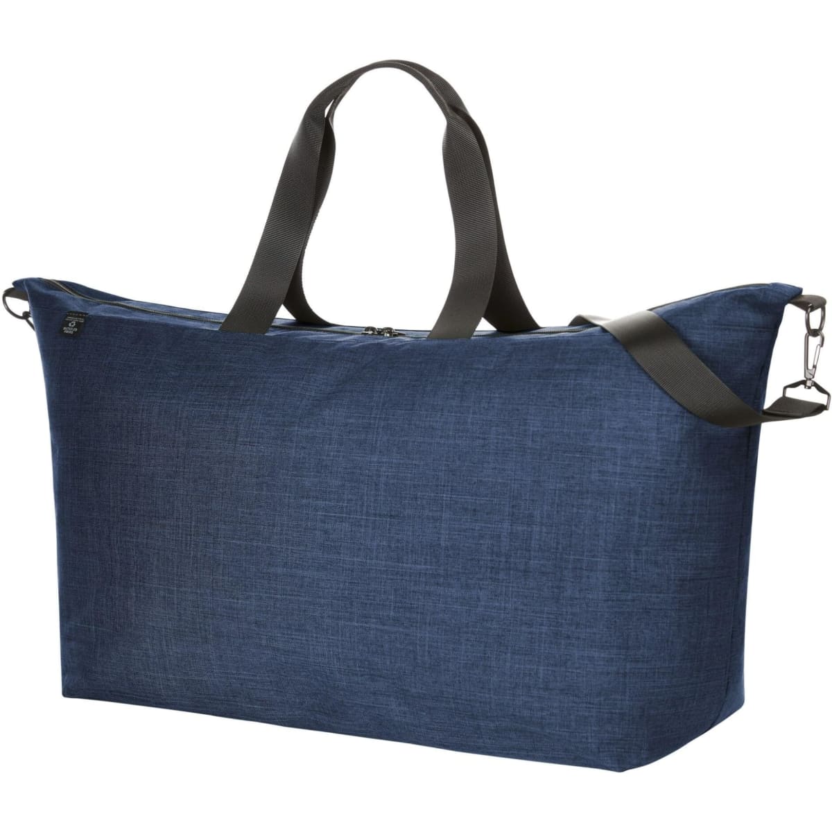 A spacious navy duffle bag with black handles and a detachable shoulder strap, featuring a logo.
