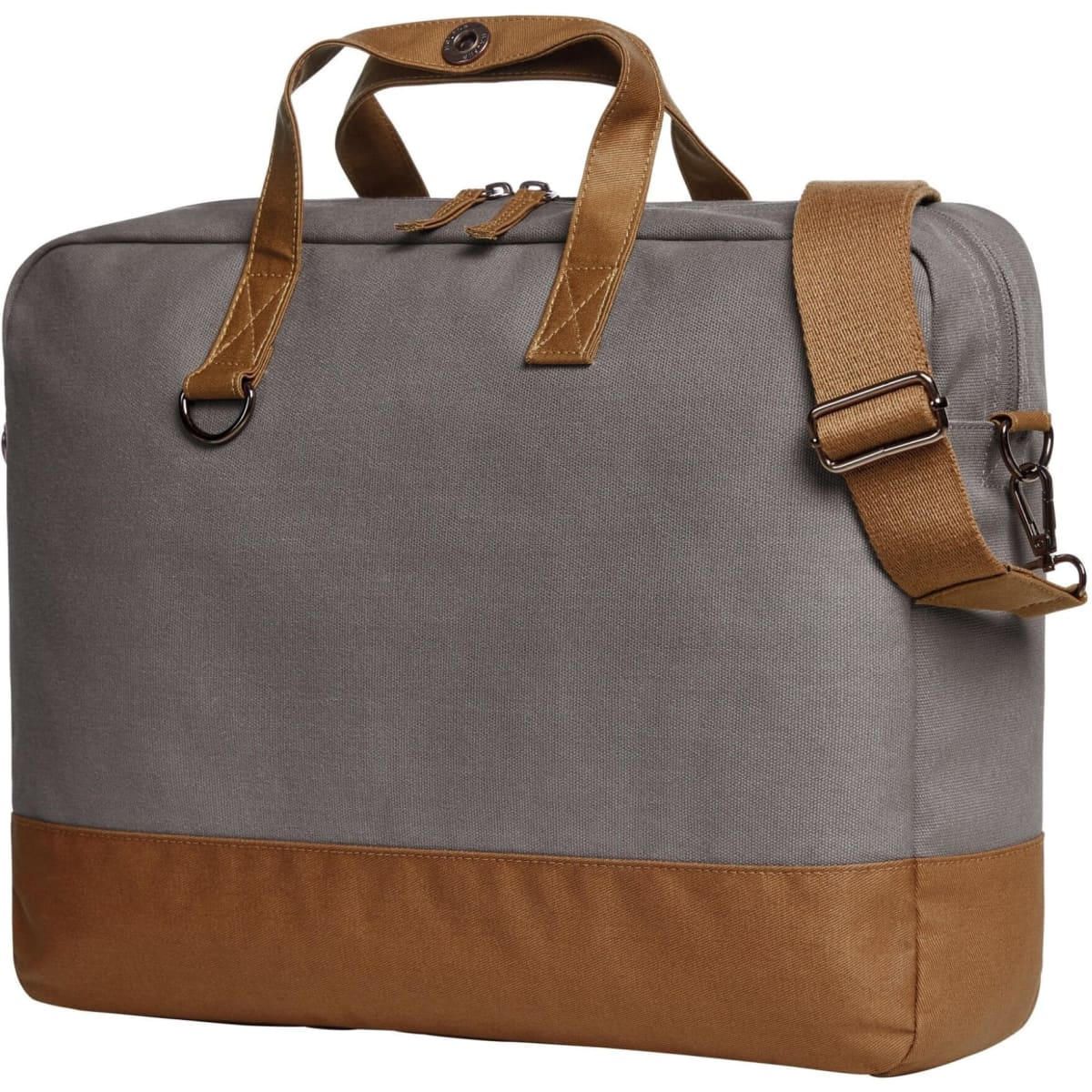 A grey laptop bag with brown accents, featuring handles and a detachable shoulder strap. It has a logo on the front.