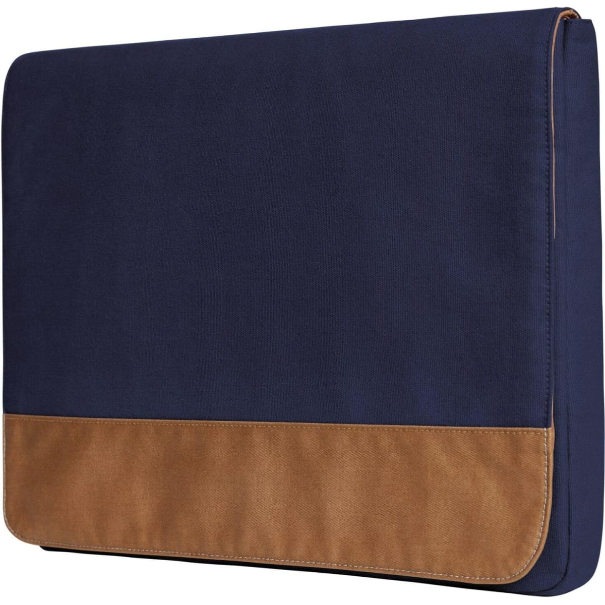 A laptop bag featuring a navy blue fabric body with a brown leather bottom. It has a sleek, minimalist design and a logo.