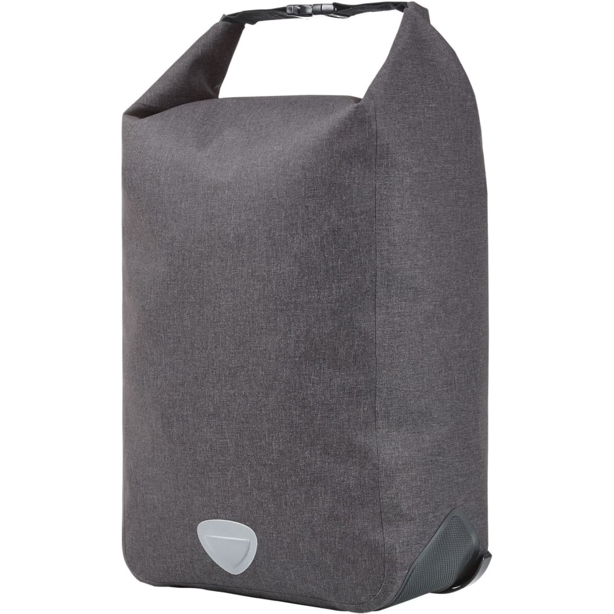 A grey cycle bike bag with a roll-top design and a sturdy base, featuring a logo on the front.