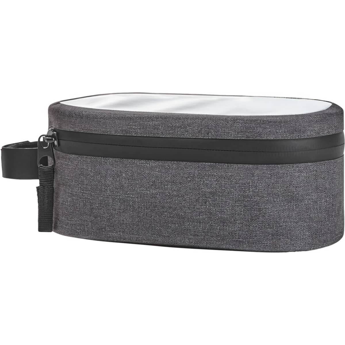 A grey bicycle frame bag with a zip closure and a handle, featuring a plain white interior.