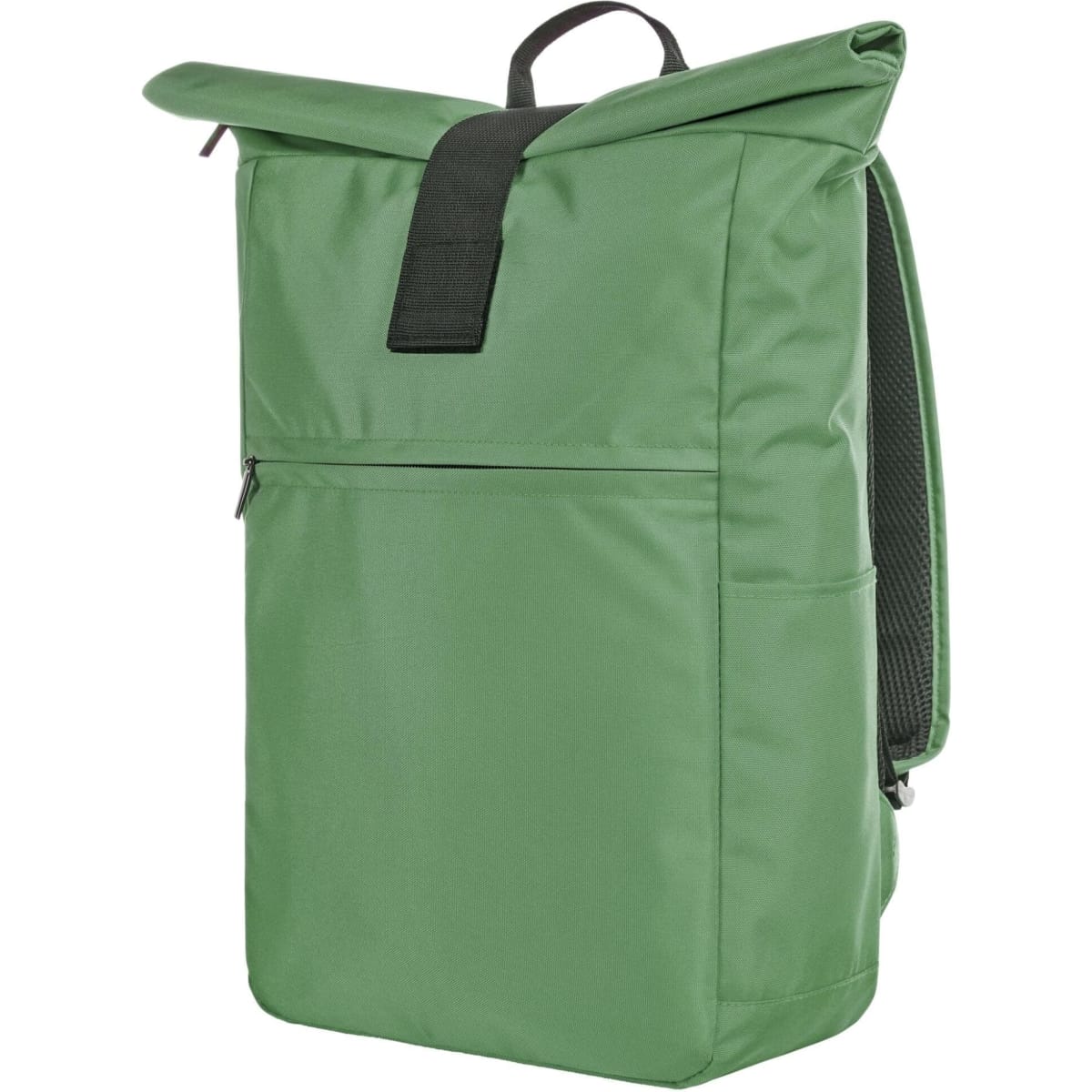 A green daily laptop backpack featuring a roll-top closure, adjustable straps, and a front zip pocket.