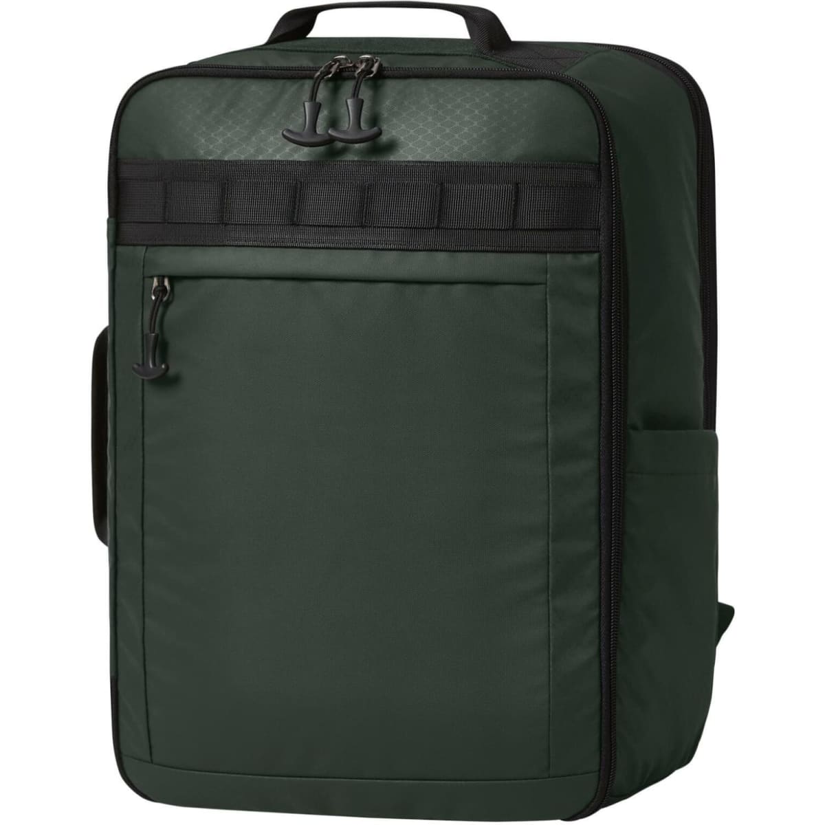 A green Active Travel Backpack with multiple compartments and a side pocket. It features a logo on the front.