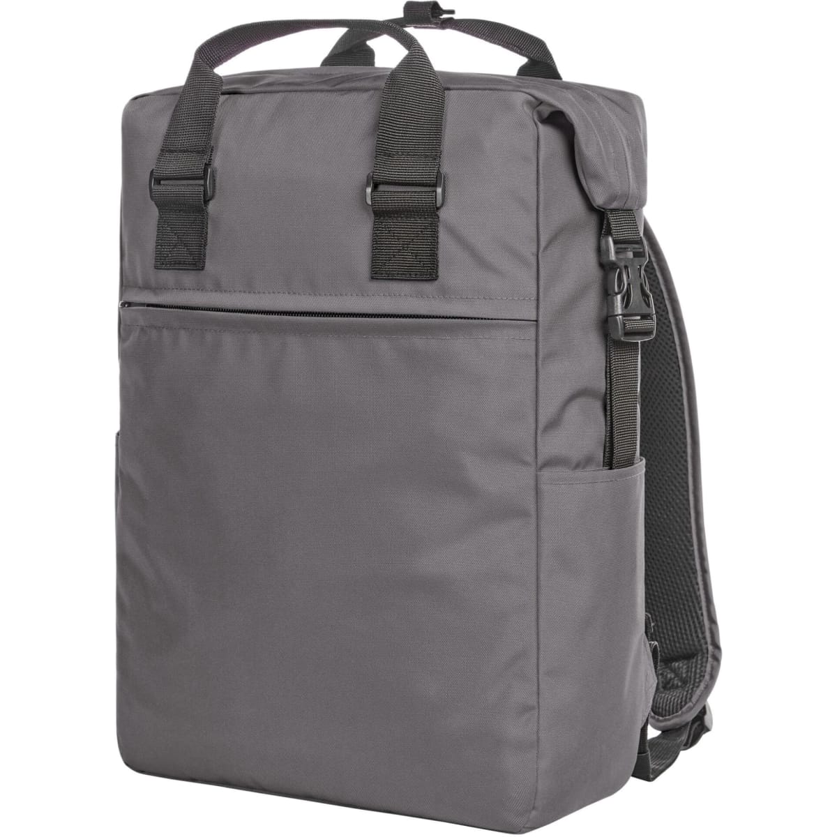 A grey backpack featuring adjustable straps and a side pocket, designed for daily use. It includes a logo on the front.