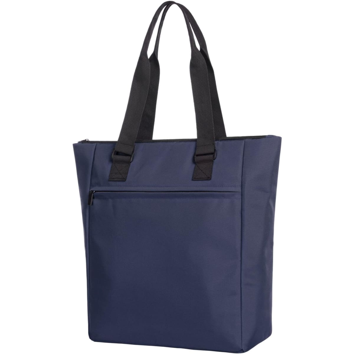 A navy blue tote bag with black straps and a front zip pocket, featuring a logo.