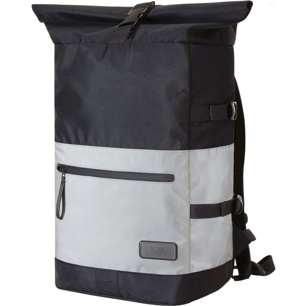 A laptop backpack in black and grey, featuring a roll-top closure, adjustable straps, and a front zip pocket.