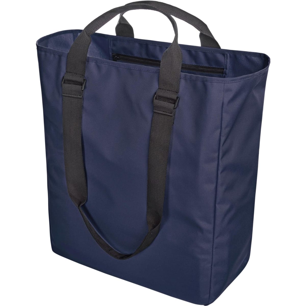 A navy blue tote bag with grey handles, featuring a spacious interior and a zipper pocket.