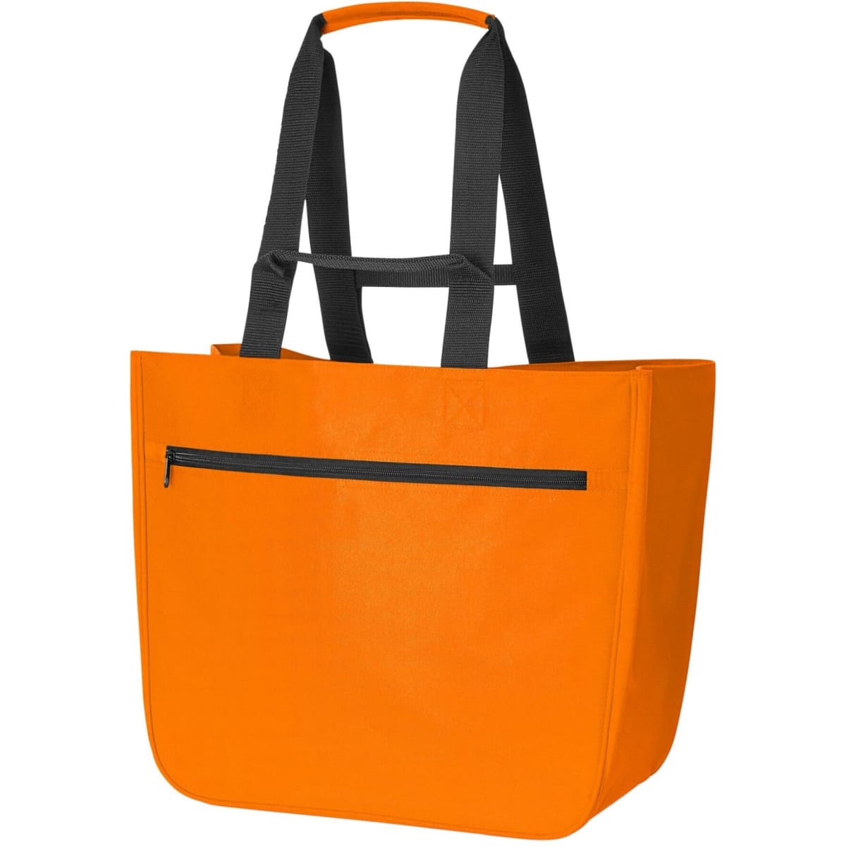 An orange tote bag with black handles and a zippered pocket on the front. It has a simple, structured design.