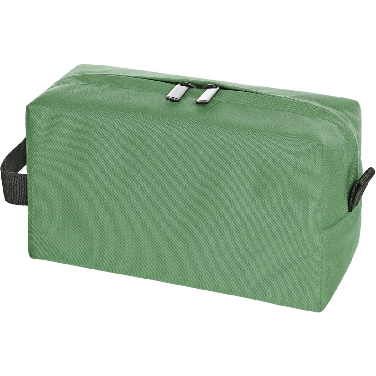 A green toiletry bag with a rectangular shape and dual zip closure, featuring a side handle and a logo.