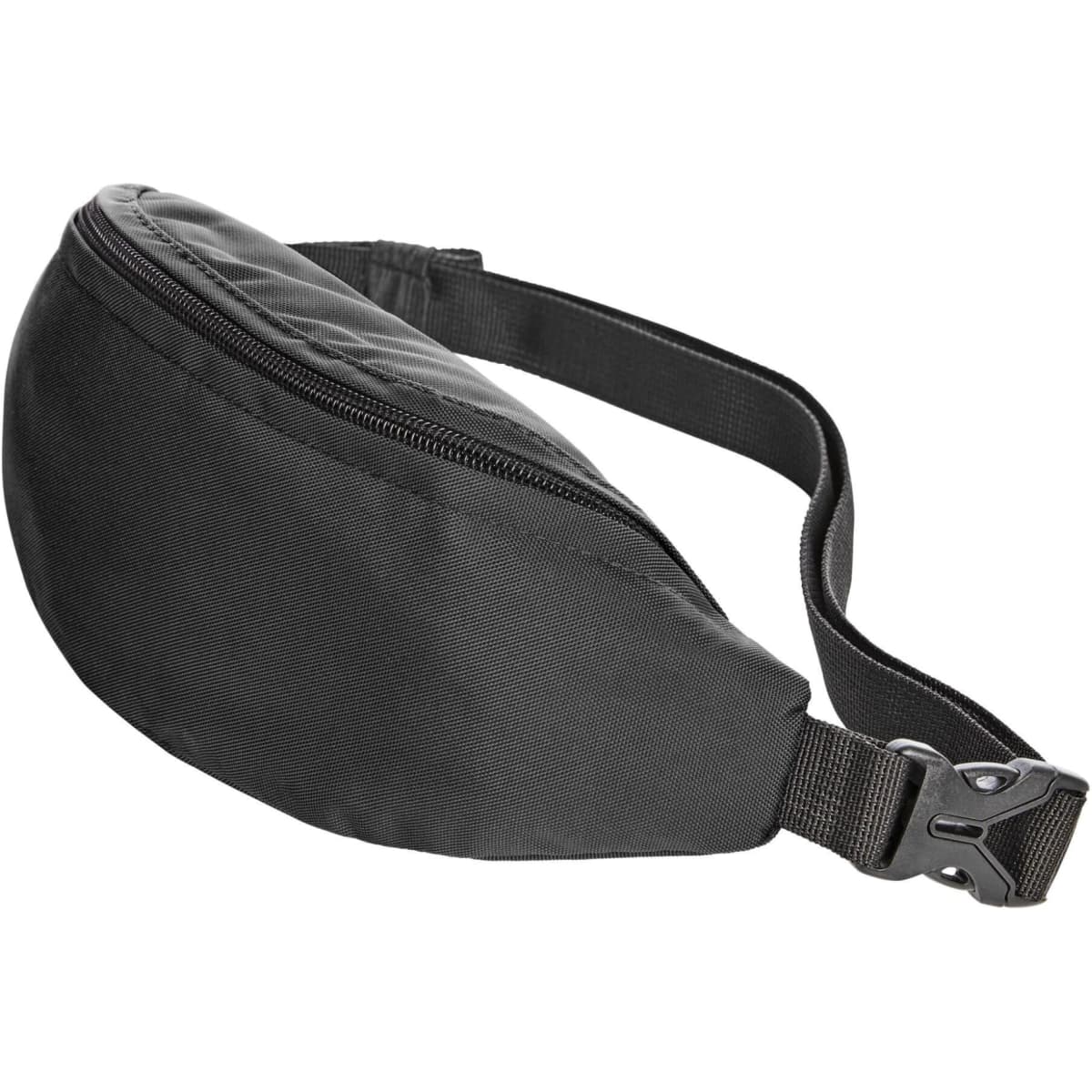 A black waist bag with a zippered compartment and an adjustable strap. The design is sleek and compact.