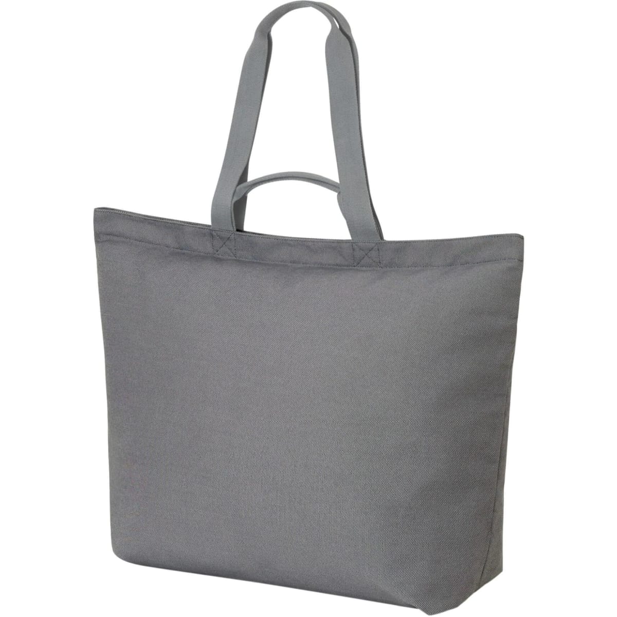 A grey tote bag with two handles and a spacious interior, featuring a simple design and no visible branding.