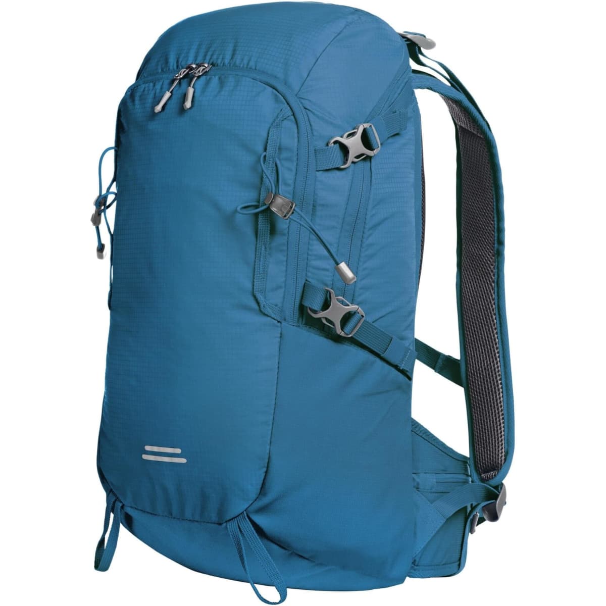 A blue outdoor backpack with multiple compartments and adjustable straps, featuring a logo on the front.