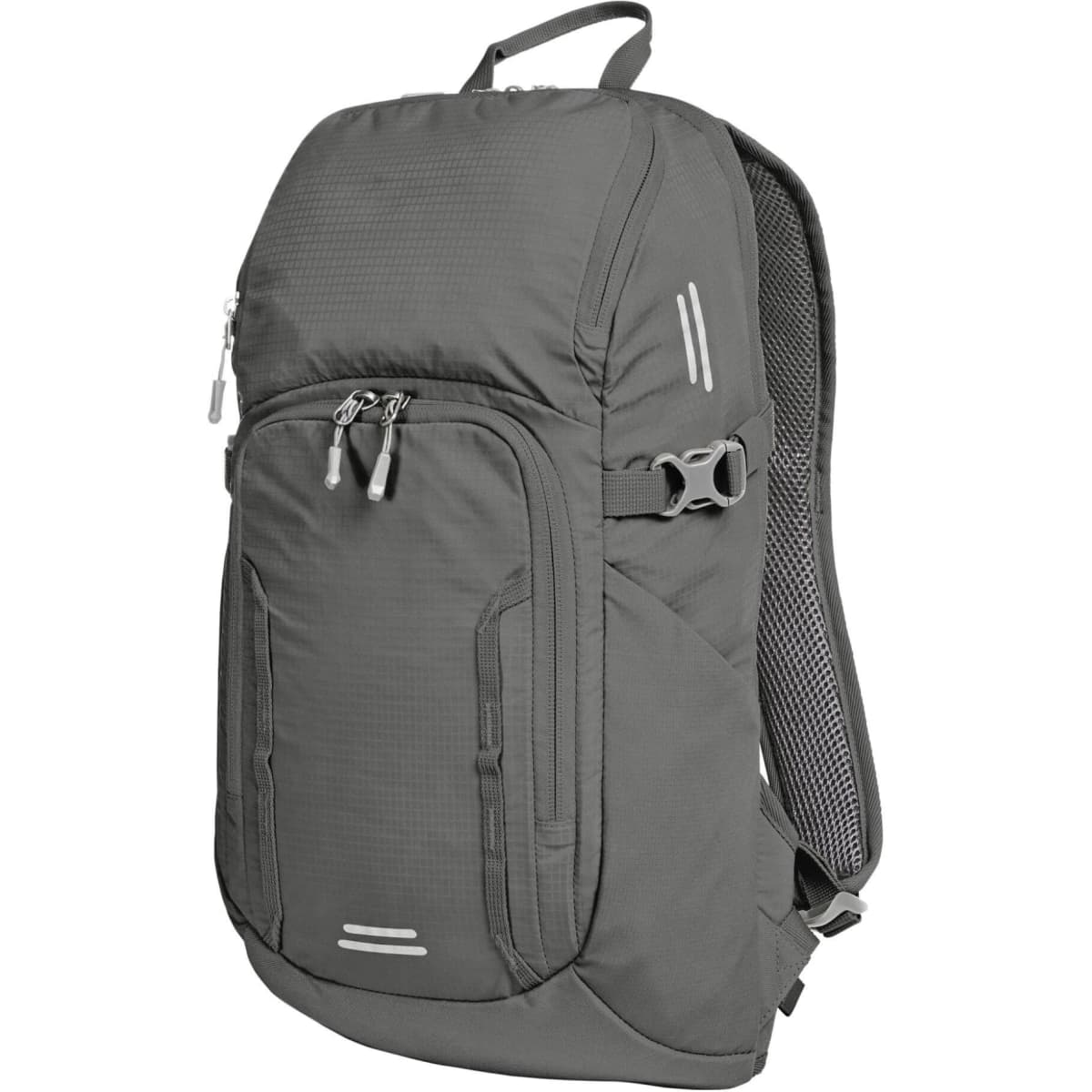 A grey outdoor daypack featuring reflective elements, multiple compartments, and adjustable straps. It has a logo present.