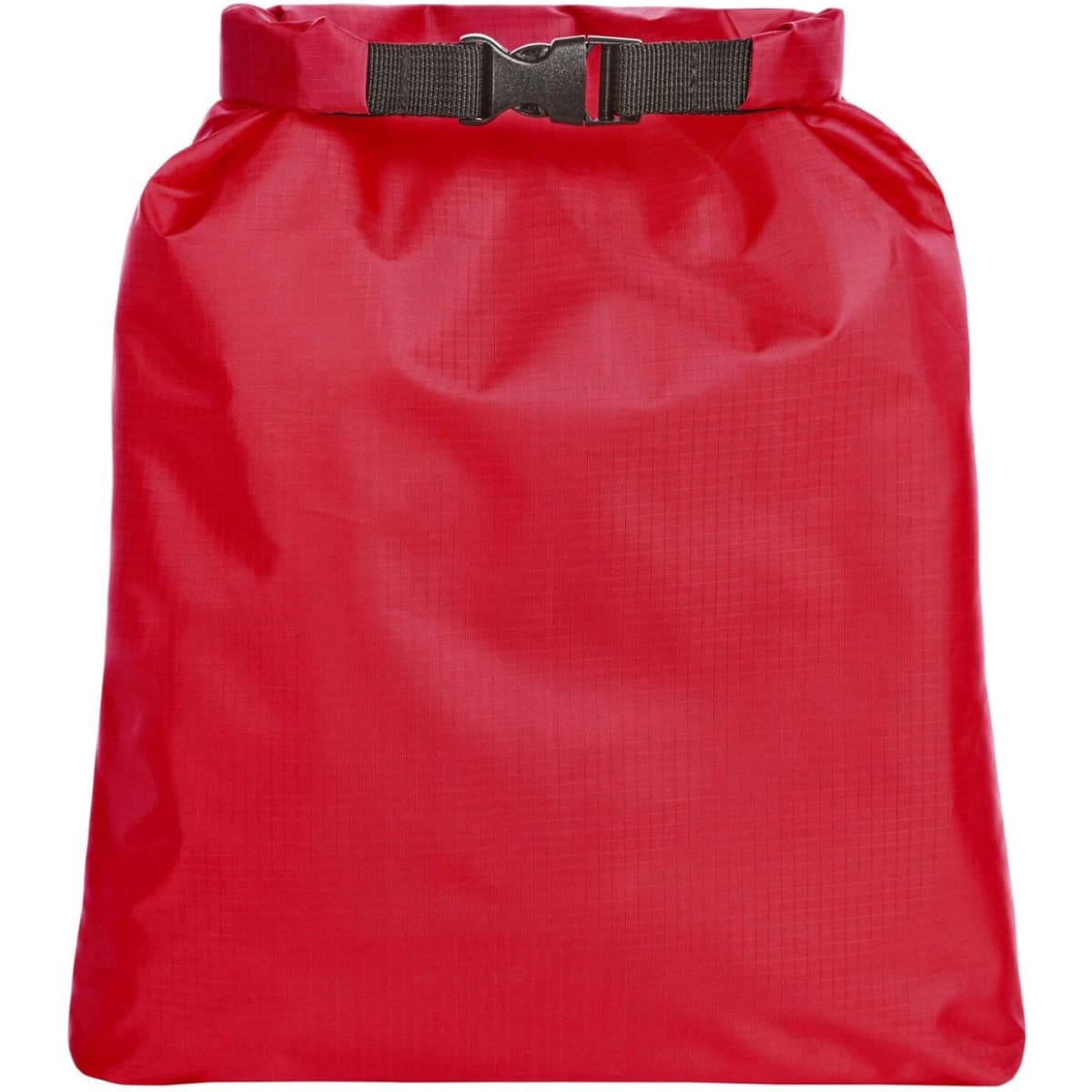 A red dry bag with a buckle closure, featuring a textured surface and a simple design.