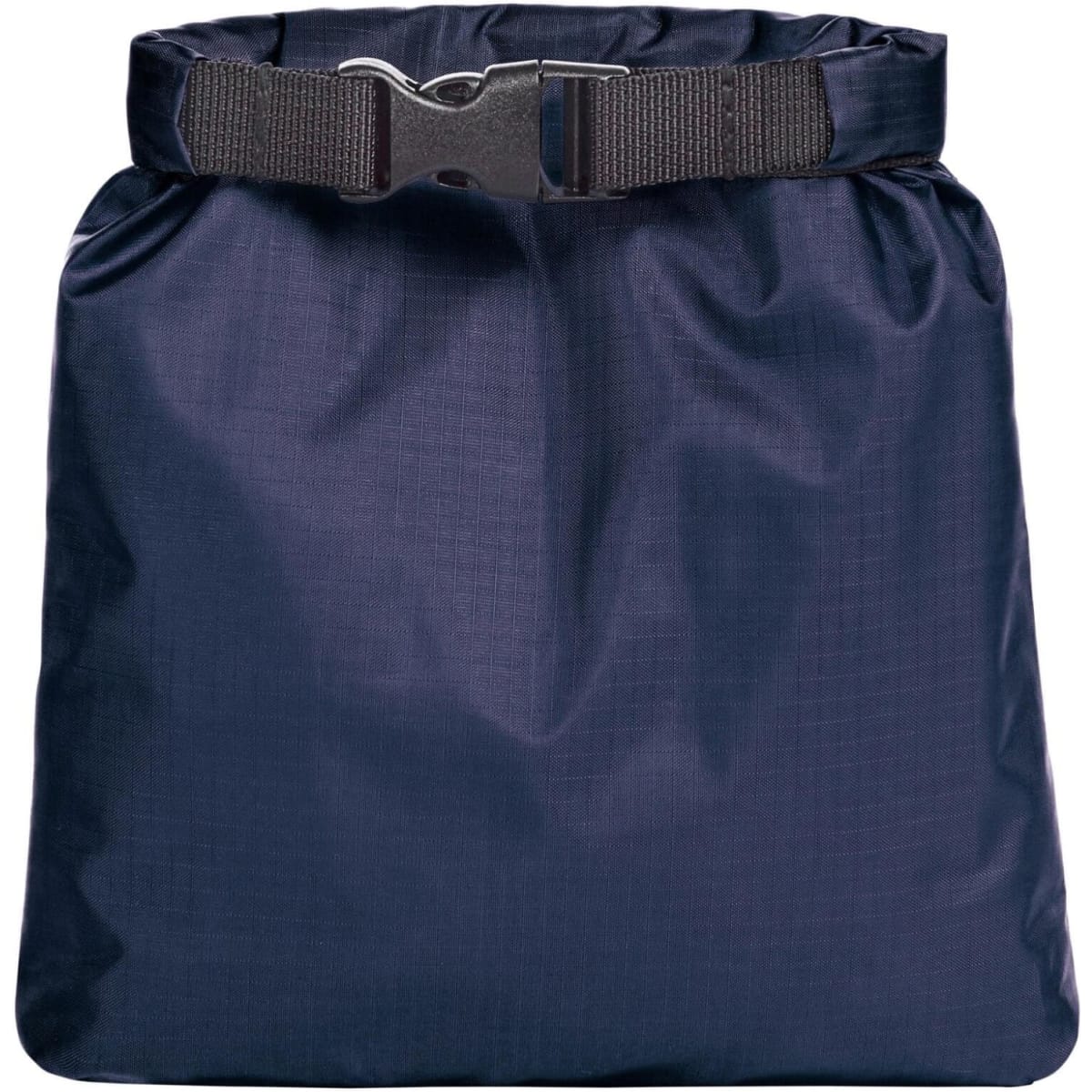 A navy dry bag with a buckle closure, designed for keeping contents dry. Features branding on the material.