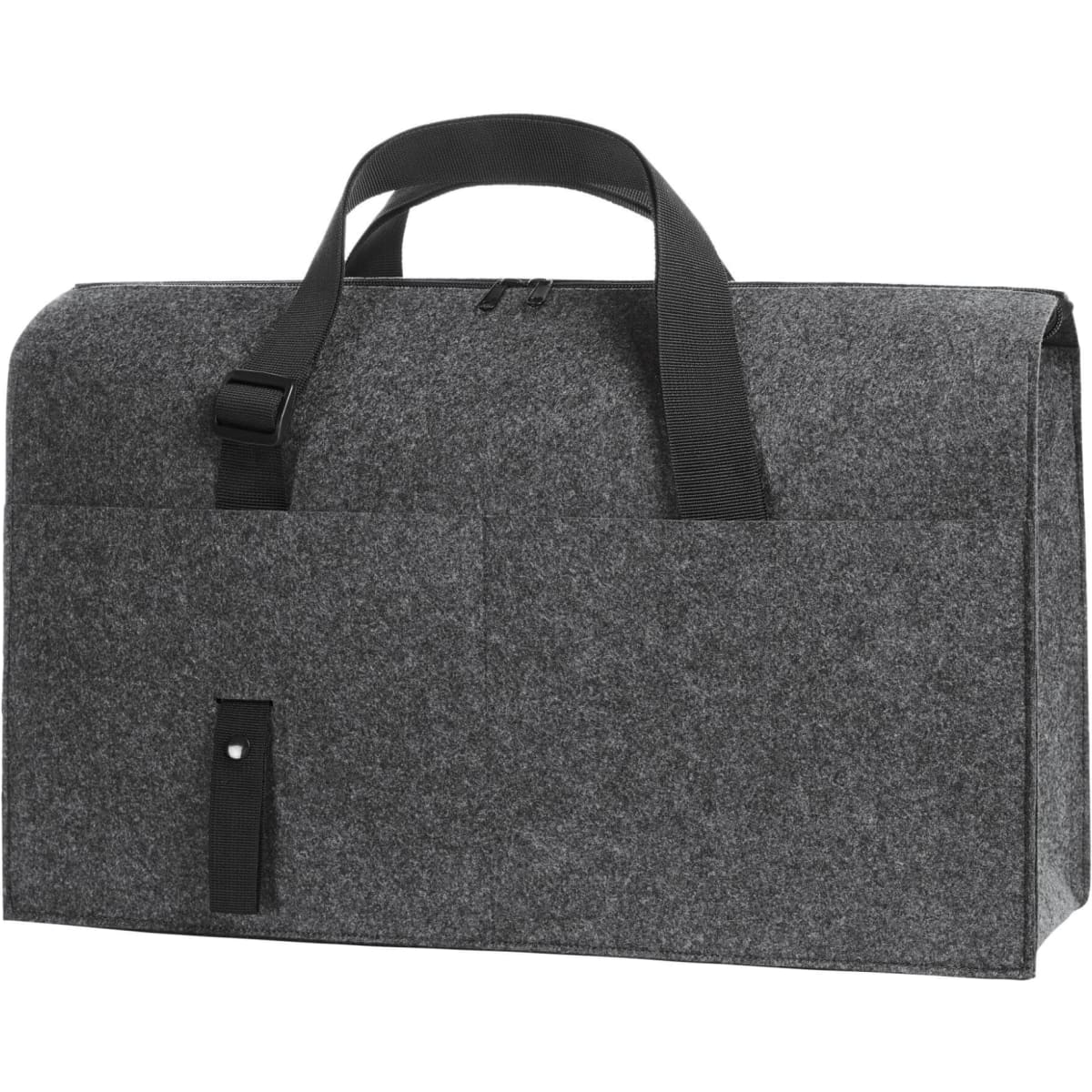 A grey felt organizer bag with a zip closure and two front pockets, featuring black handles and a branding logo.