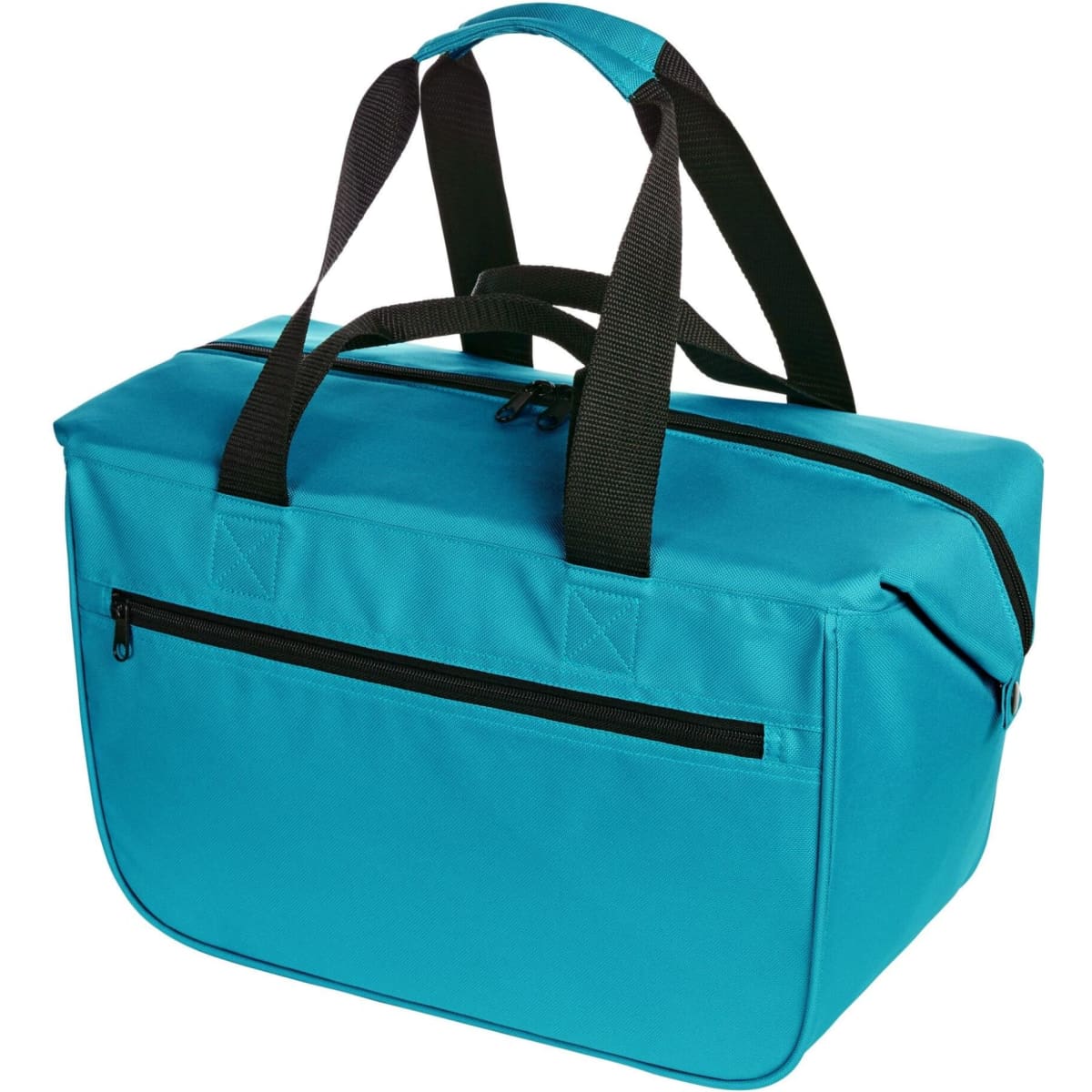 A teal cooler bag with two black handles and a zippered compartment on the front. It features a logo.