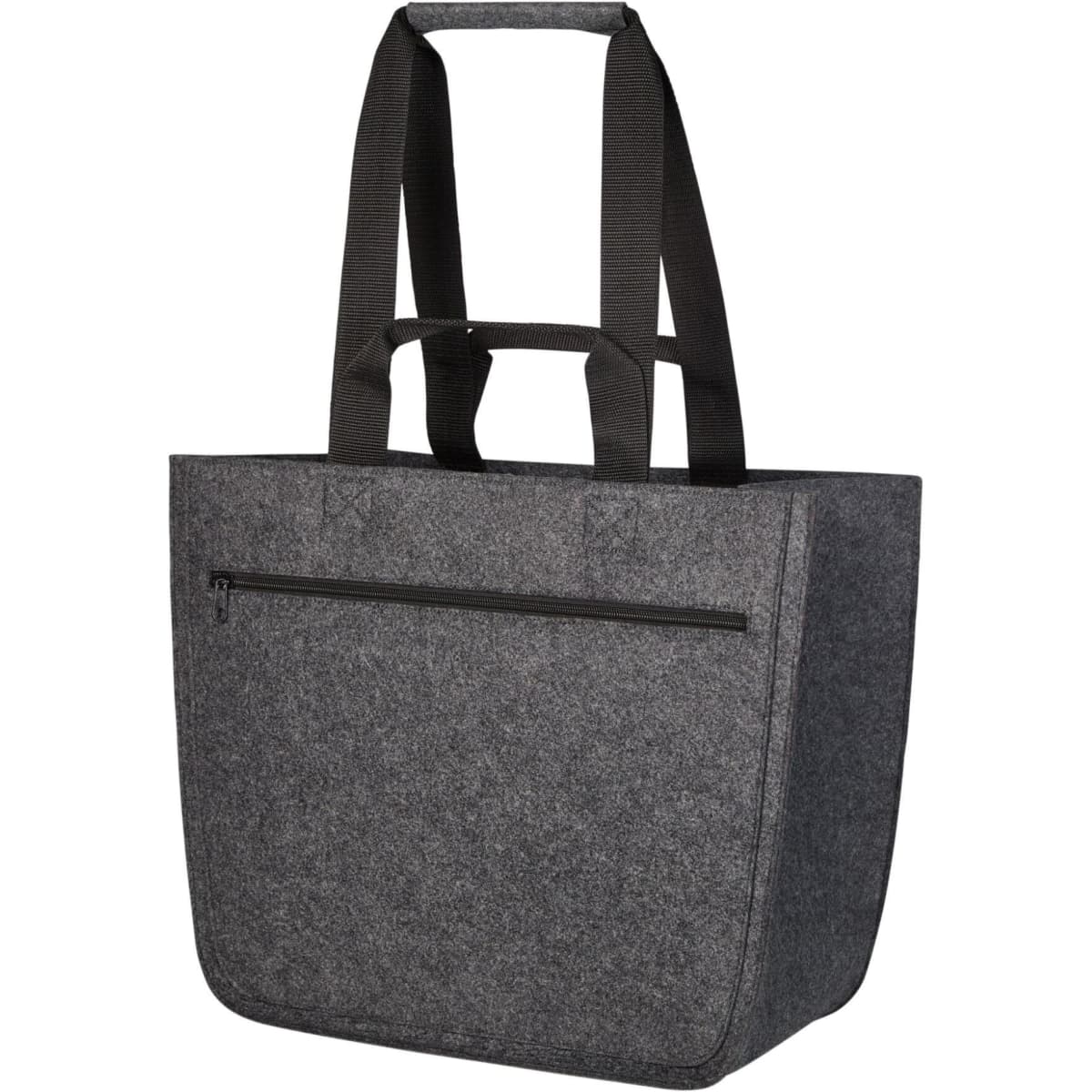 A grey felt tote bag with sturdy black handles and a zippered pocket on the front. It features a simple design and a logo.