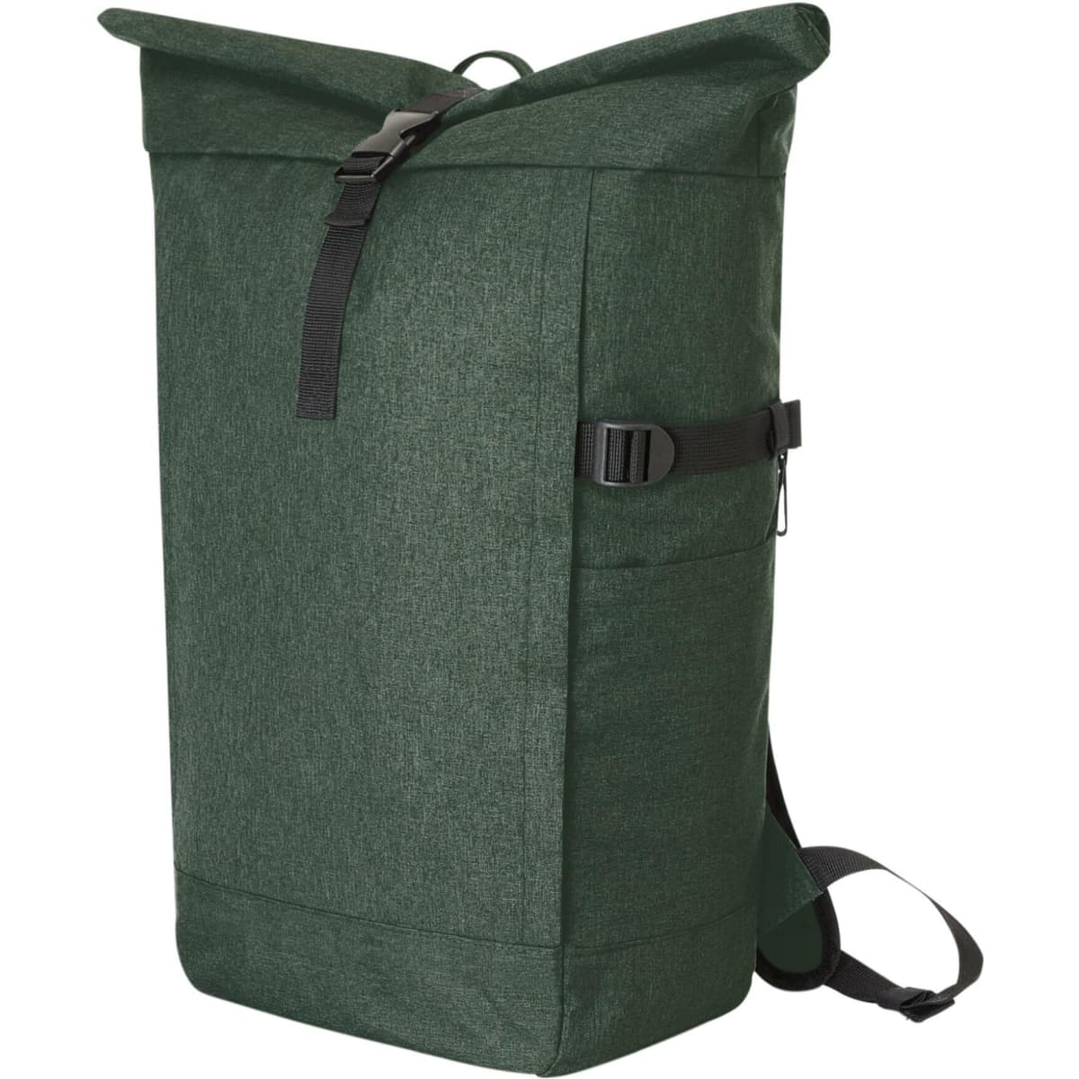 A green Circle Notebook Backpack L with a roll-top closure and adjustable straps, featuring a side pocket and a logo.