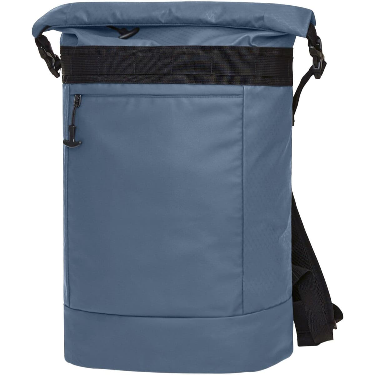 A blue roll-top backpack featuring a front pocket and adjustable shoulder straps, with an attached branding logo.